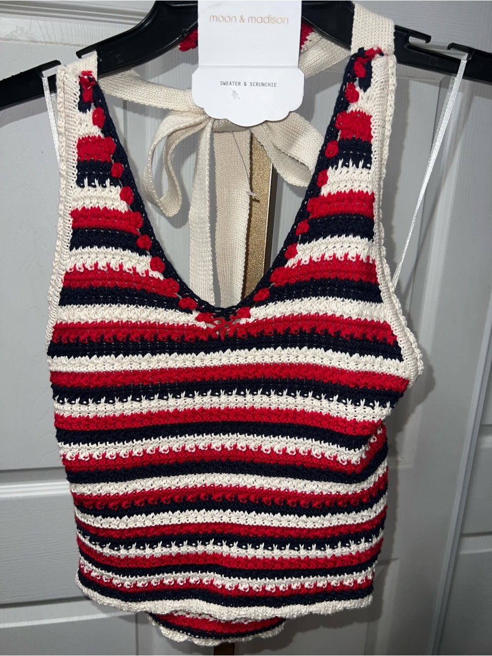 moon & madison Red Navy Cream Striped Crochet Crop Tank